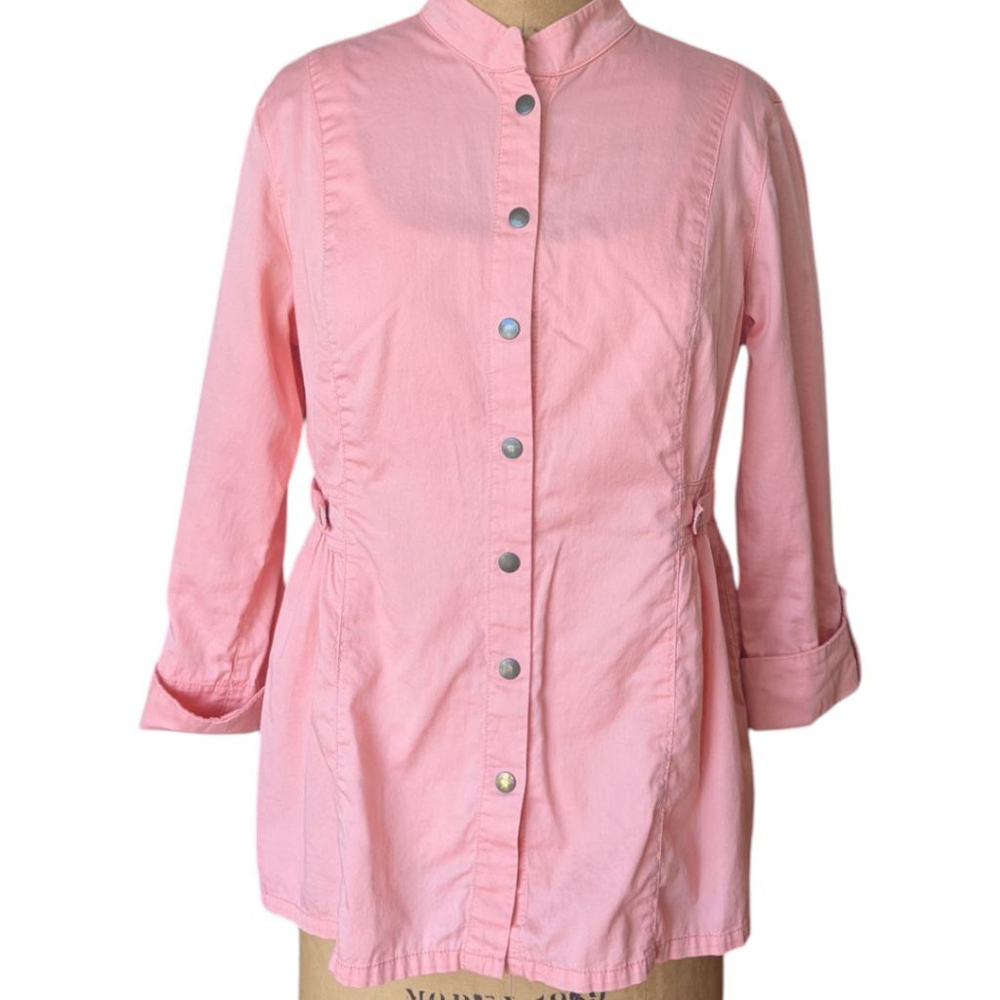 Pastel Pink 100% Cotton Roll Tab Sleeve Utility Top Women's Sz S Snap Up Classic